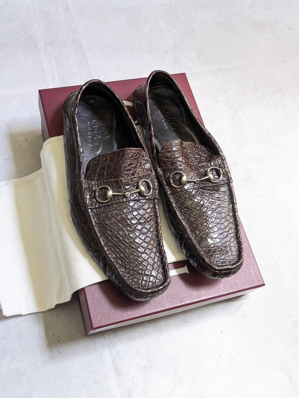 Gucci Driving Horsebit Loafers Brown Crocodile Leather Men US 13.5 Exotic